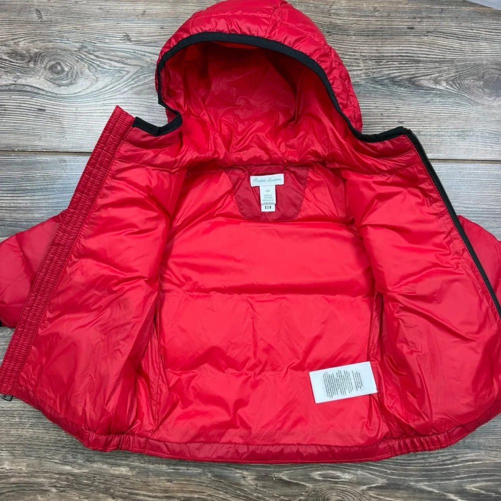 Ralph Lauren Kids 12M Puffer Jacket Red Hooded Down Fill Logo Excellent